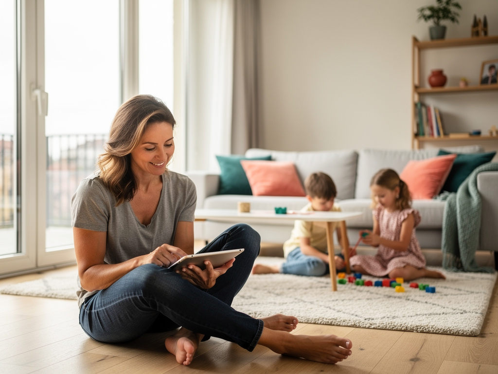 Entspannte Mutter mit Tablet, Kinder spielen im Hintergrund